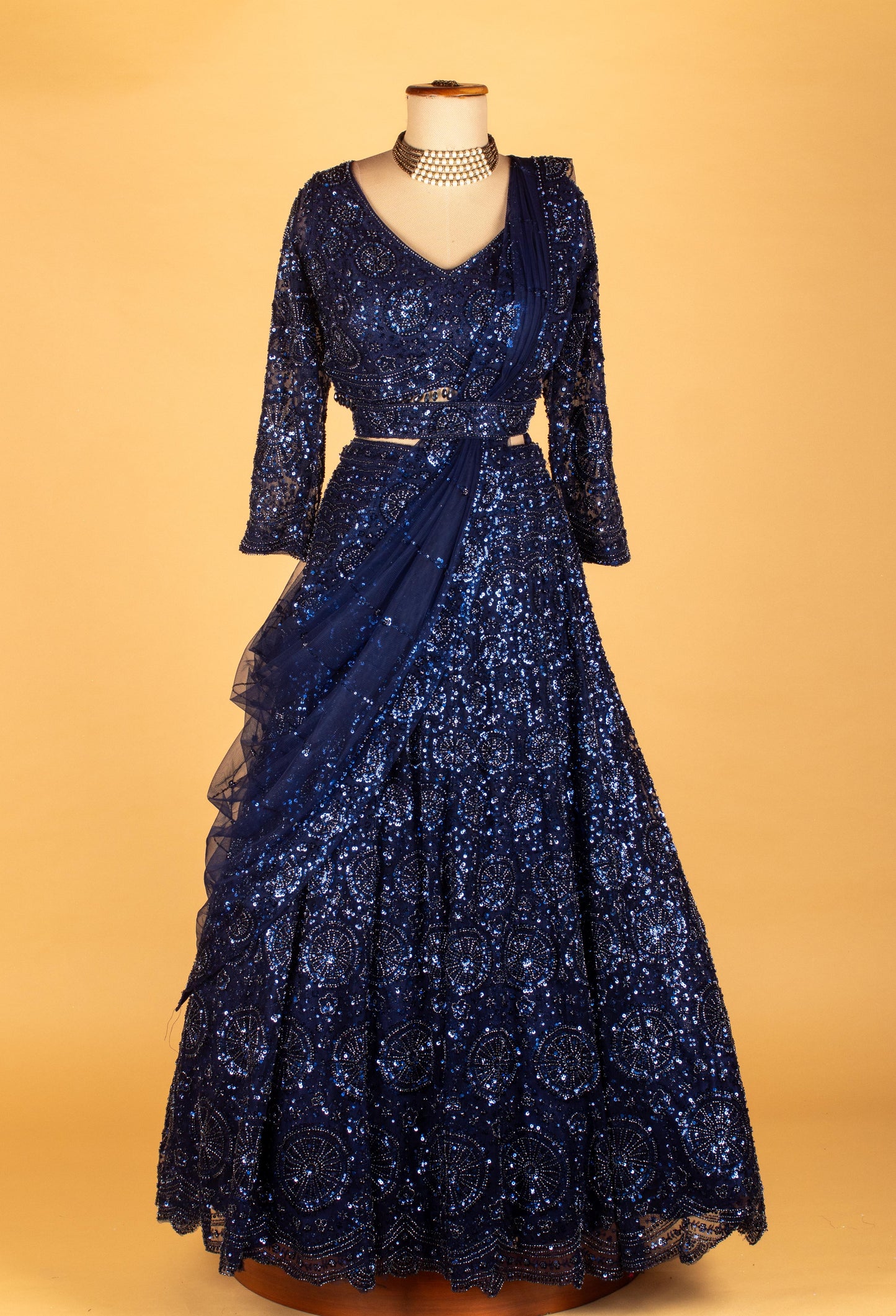 Navy Blue All-Over Sequin Embroidered Lehenga with Full-Sleeve Crop Top & Attached Drape Dupatta