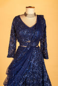 Navy Blue All-Over Sequin Embroidered Lehenga with Full-Sleeve Crop Top & Attached Drape Dupatta