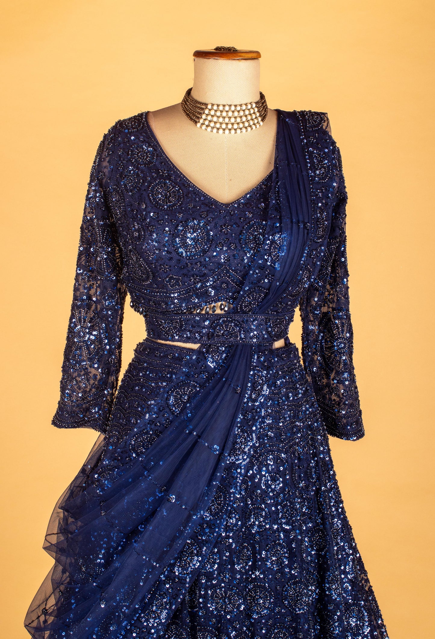 Navy Blue All-Over Sequin Embroidered Lehenga with Full-Sleeve Crop Top & Attached Drape Dupatta