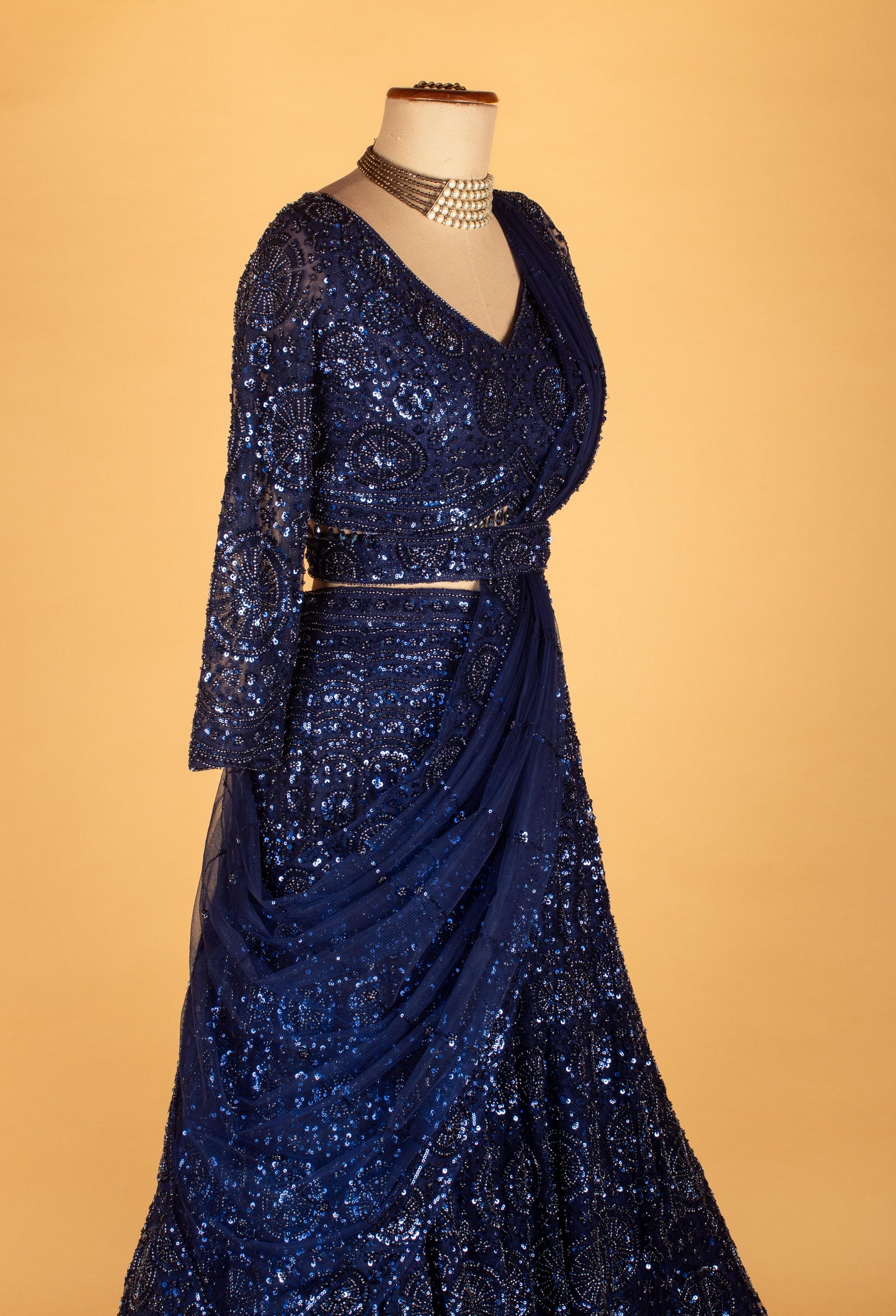 Navy Blue All-Over Sequin Embroidered Lehenga with Full-Sleeve Crop Top & Attached Drape Dupatta