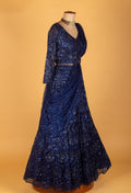 Navy Blue All-Over Sequin Embroidered Lehenga with Full-Sleeve Crop Top & Attached Drape Dupatta