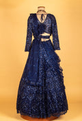 Navy Blue All-Over Sequin Embroidered Lehenga with Full-Sleeve Crop Top & Attached Drape Dupatta