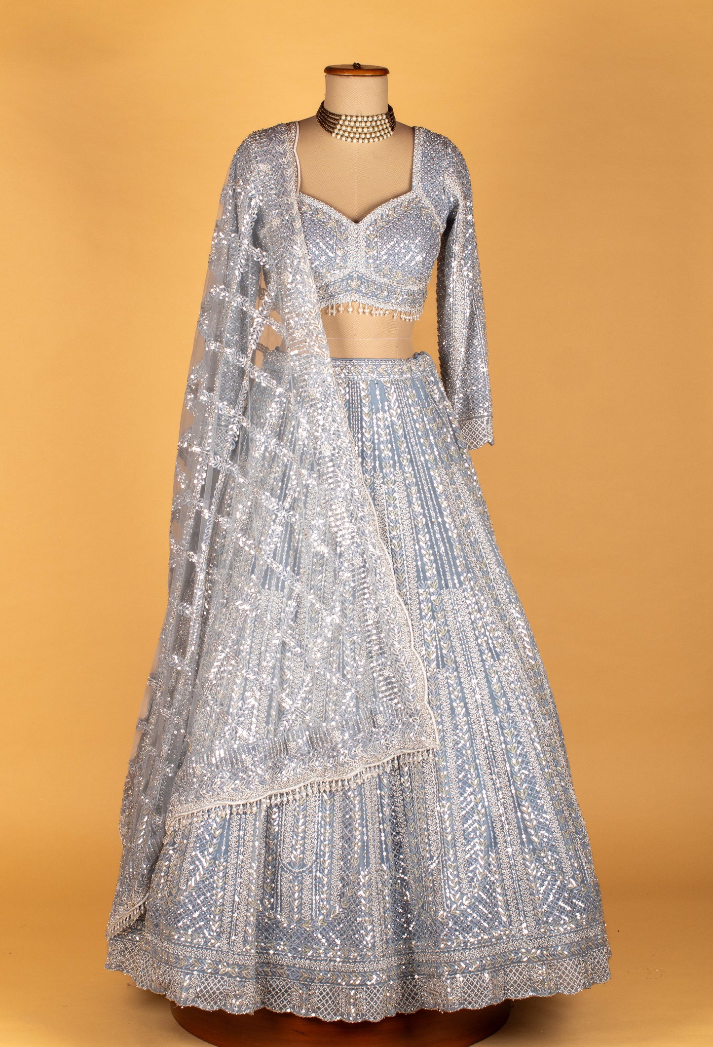 Ice Blue All-Over Mirror & Sequin Embroidered Lehenga with Long-Sleeve Crop Top & Designer Dupatta