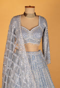 Ice Blue All-Over Mirror & Sequin Embroidered Lehenga with Long-Sleeve Crop Top & Designer Dupatta