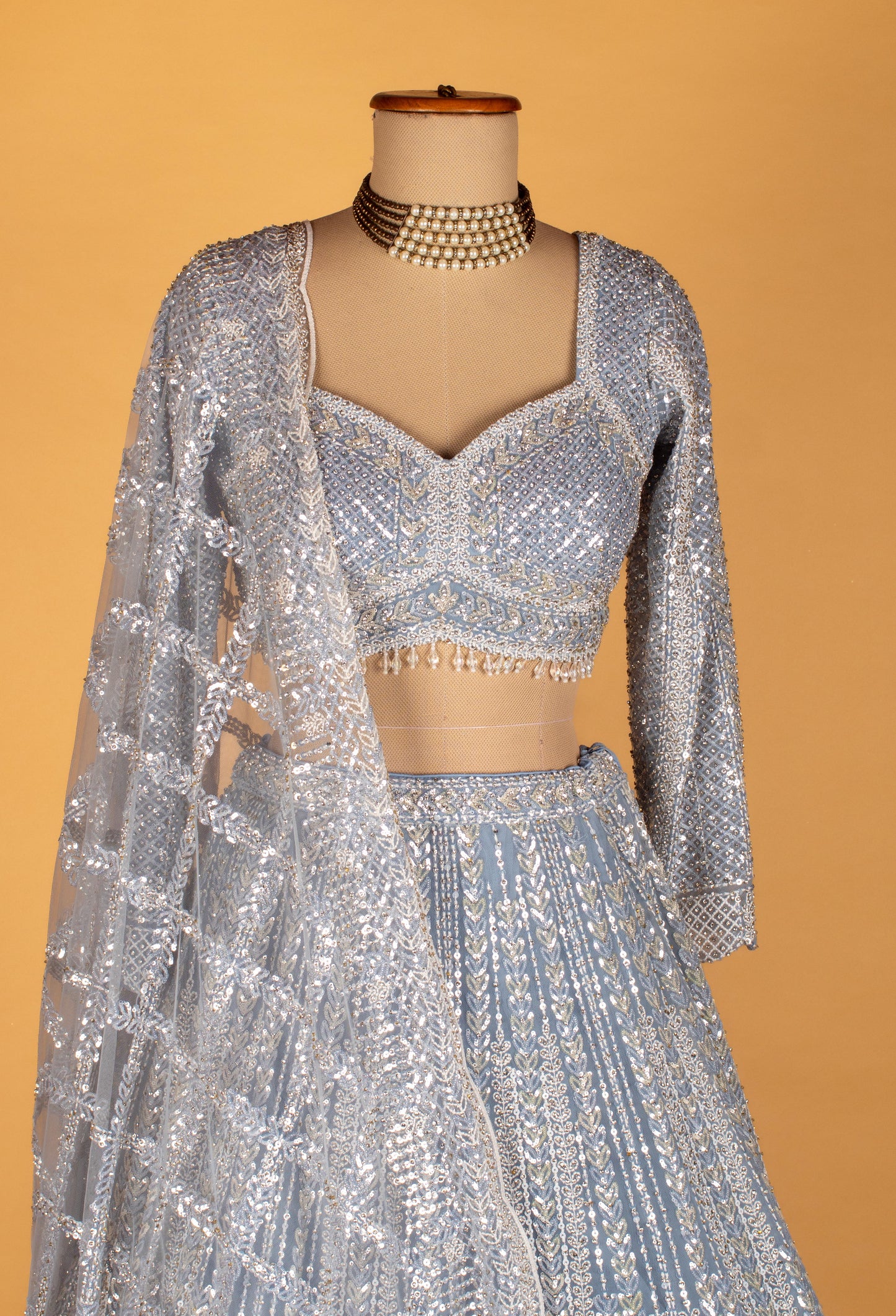 Ice Blue All-Over Mirror & Sequin Embroidered Lehenga with Long-Sleeve Crop Top & Designer Dupatta