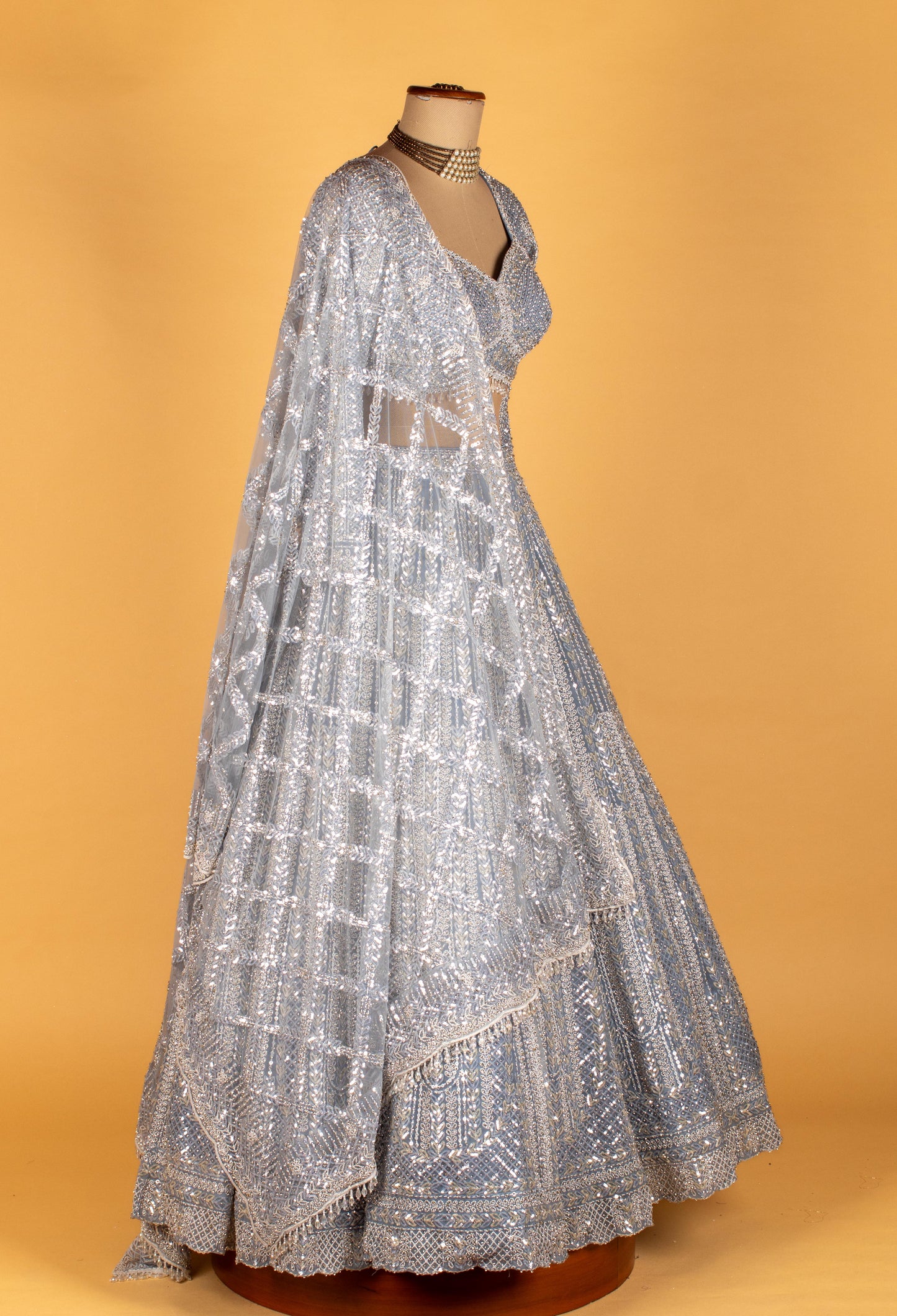 Ice Blue All-Over Mirror & Sequin Embroidered Lehenga with Long-Sleeve Crop Top & Designer Dupatta