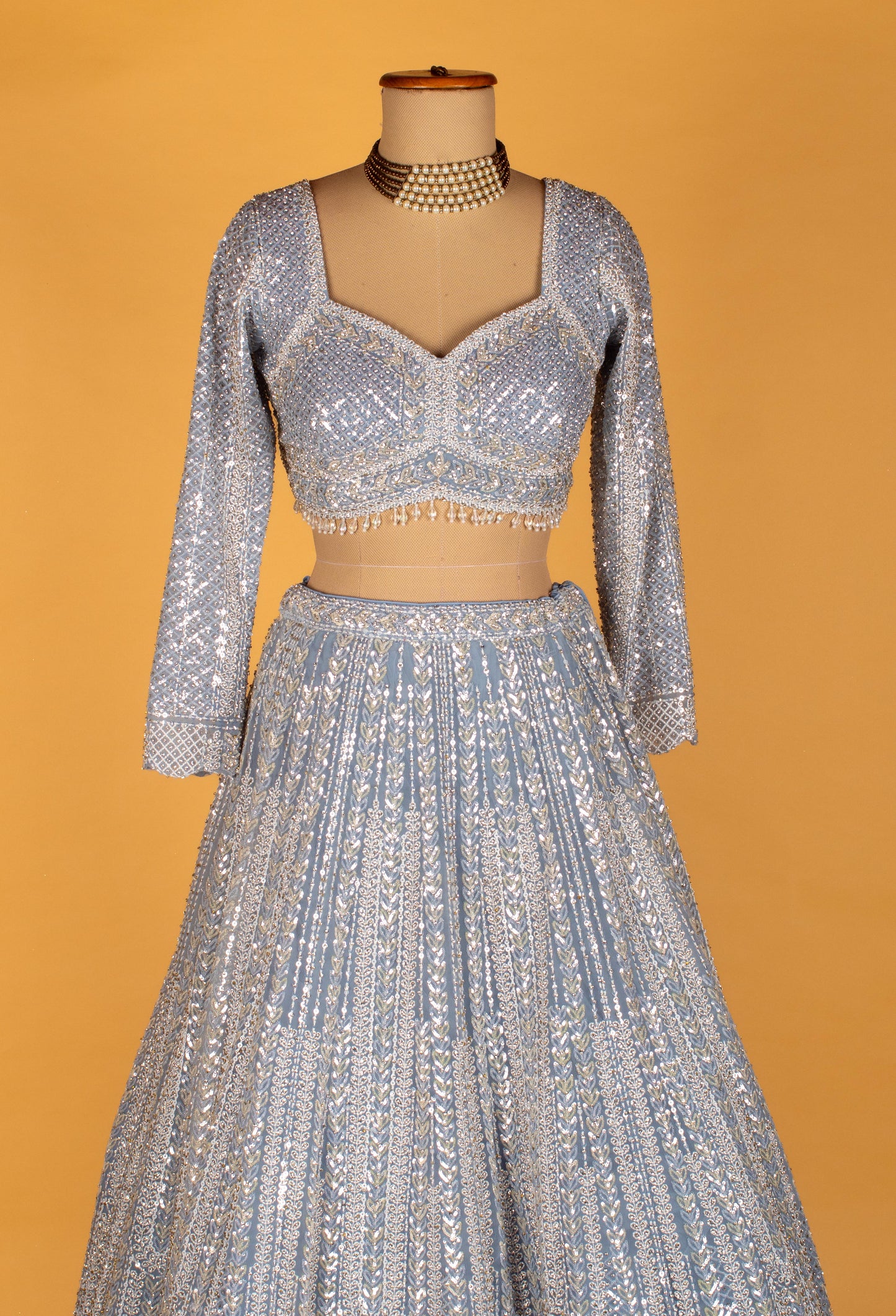 Ice Blue All-Over Mirror & Sequin Embroidered Lehenga with Long-Sleeve Crop Top & Designer Dupatta