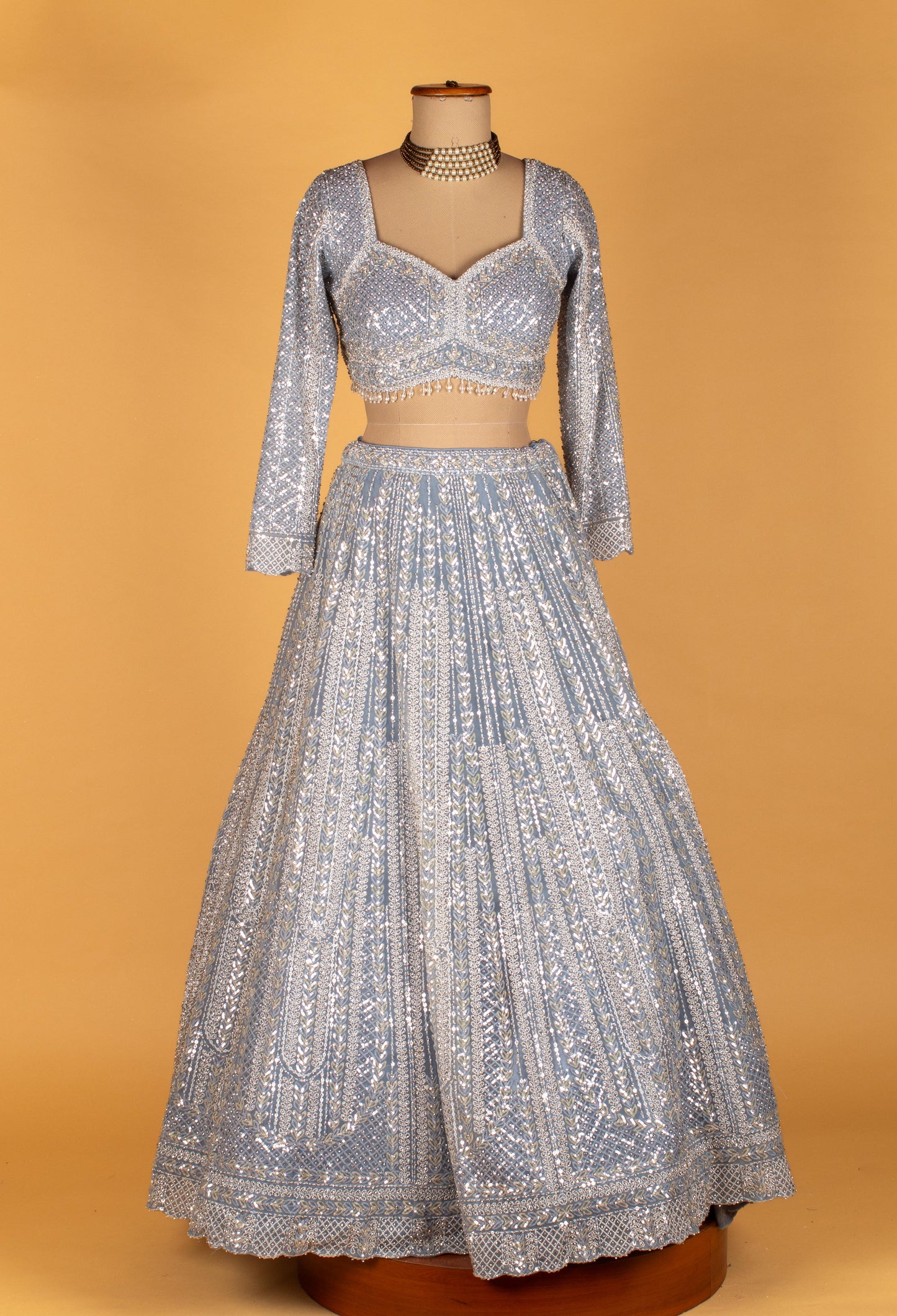 Ice Blue All-Over Mirror & Sequin Embroidered Lehenga with Long-Sleeve Crop Top & Designer Dupatta