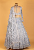 Ice Blue All-Over Mirror & Sequin Embroidered Lehenga with Long-Sleeve Crop Top & Designer Dupatta