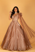 Champagne Gold Organza Gown with Ruffle Sleeves & Sculpted Embellished Bodice