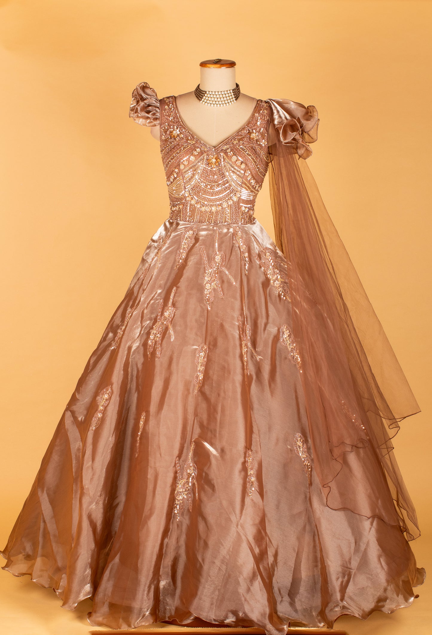 Champagne Gold Organza Gown with Ruffle Sleeves & Sculpted Embellished Bodice
