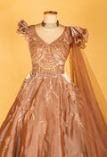 Champagne Gold Organza Gown with Ruffle Sleeves & Sculpted Embellished Bodice