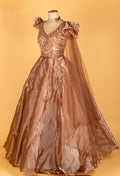 Champagne Gold Organza Gown with Ruffle Sleeves & Sculpted Embellished Bodice