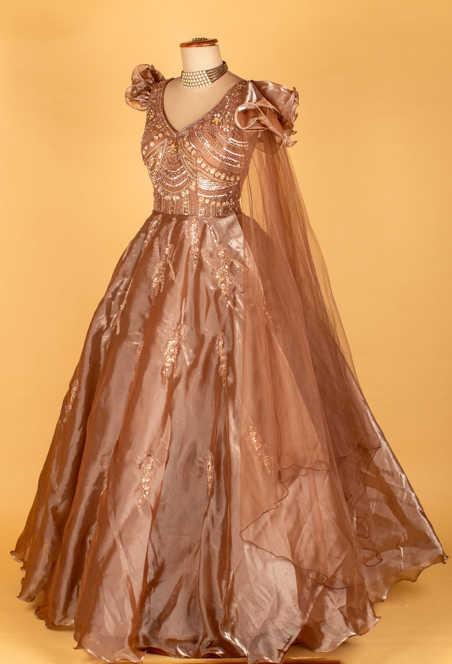 Champagne Gold Organza Gown with Ruffle Sleeves & Sculpted Embellished Bodice