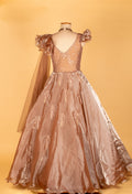 Champagne Gold Organza Gown with Ruffle Sleeves & Sculpted Embellished Bodice