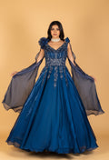 Navy Blue Layered Organza Gown with 3D Floral Shoulders & Heavy Sequin Embroidery