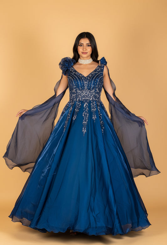 Navy blue layered organza gown with 3D floral shoulders – product image 2