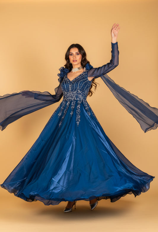 Navy Blue Layered Organza Gown with 3D Floral Shoulders & Heavy Sequin Embroidery