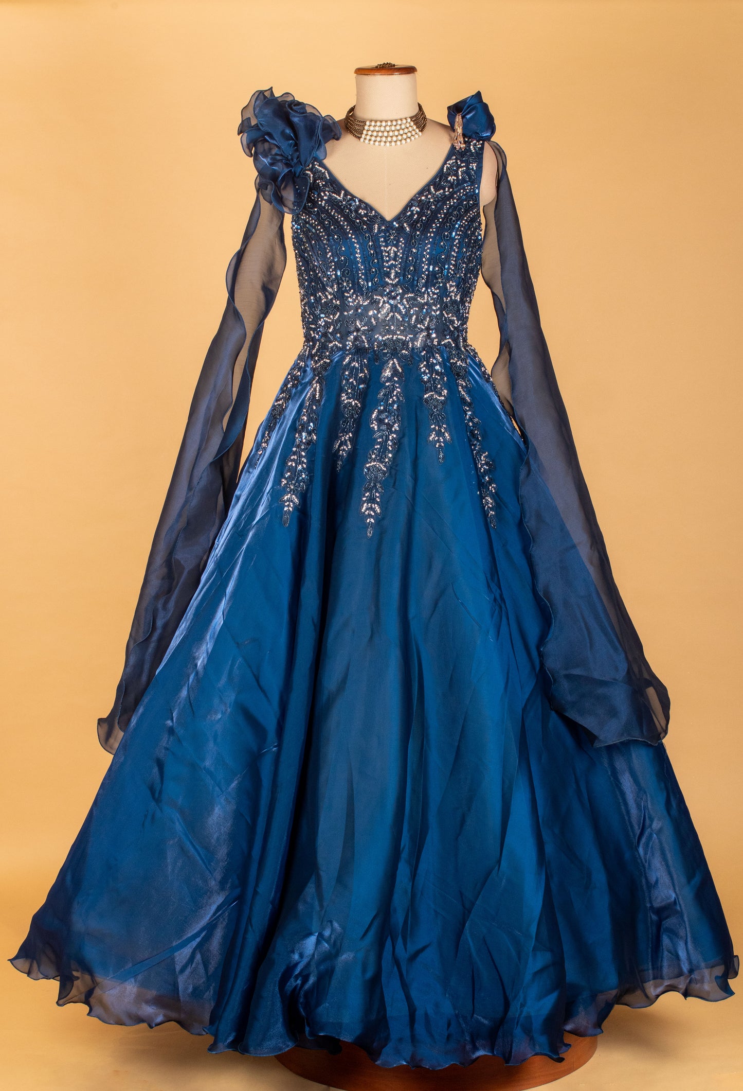 Navy Blue Layered Organza Gown with 3D Floral Shoulders & Heavy Sequin Embroidery