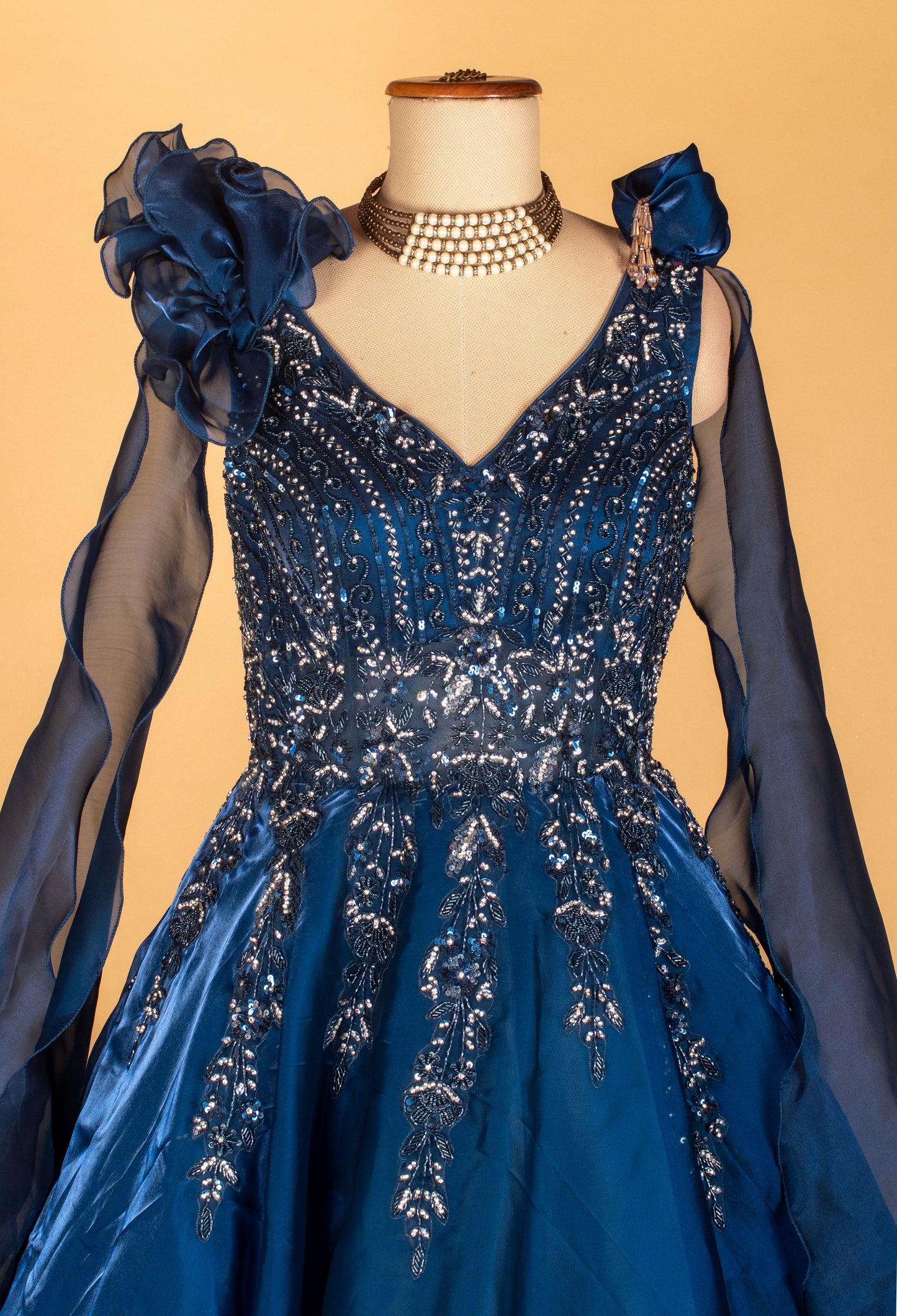 Navy Blue Layered Organza Gown with 3D Floral Shoulders & Heavy Sequin Embroidery