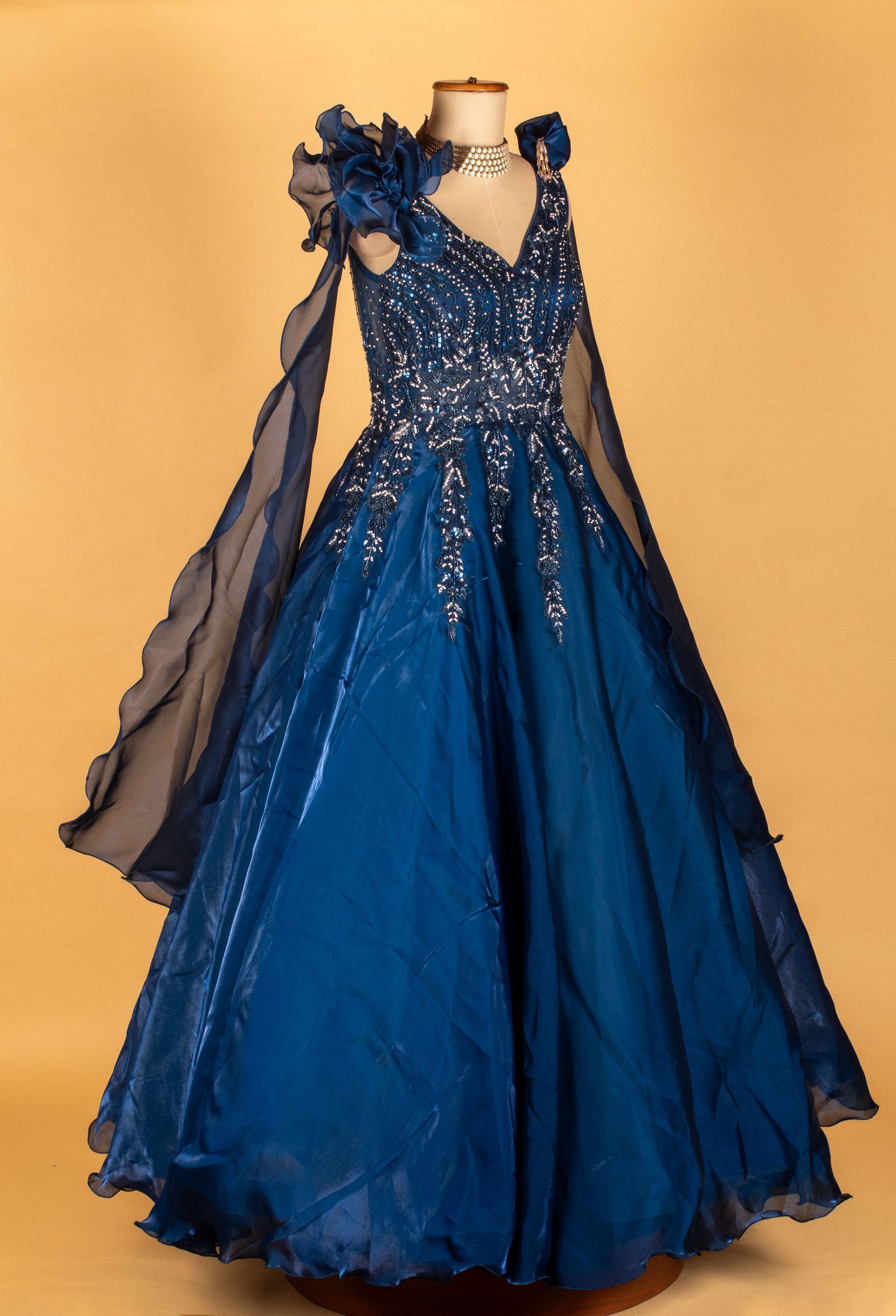 Navy Blue Layered Organza Gown with 3D Floral Shoulders & Heavy Sequin Embroidery