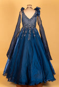 Navy Blue Layered Organza Gown with 3D Floral Shoulders & Heavy Sequin Embroidery