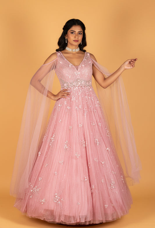 Blush Pink Floral Sequin Ball Gown with Draped Net Sleeves