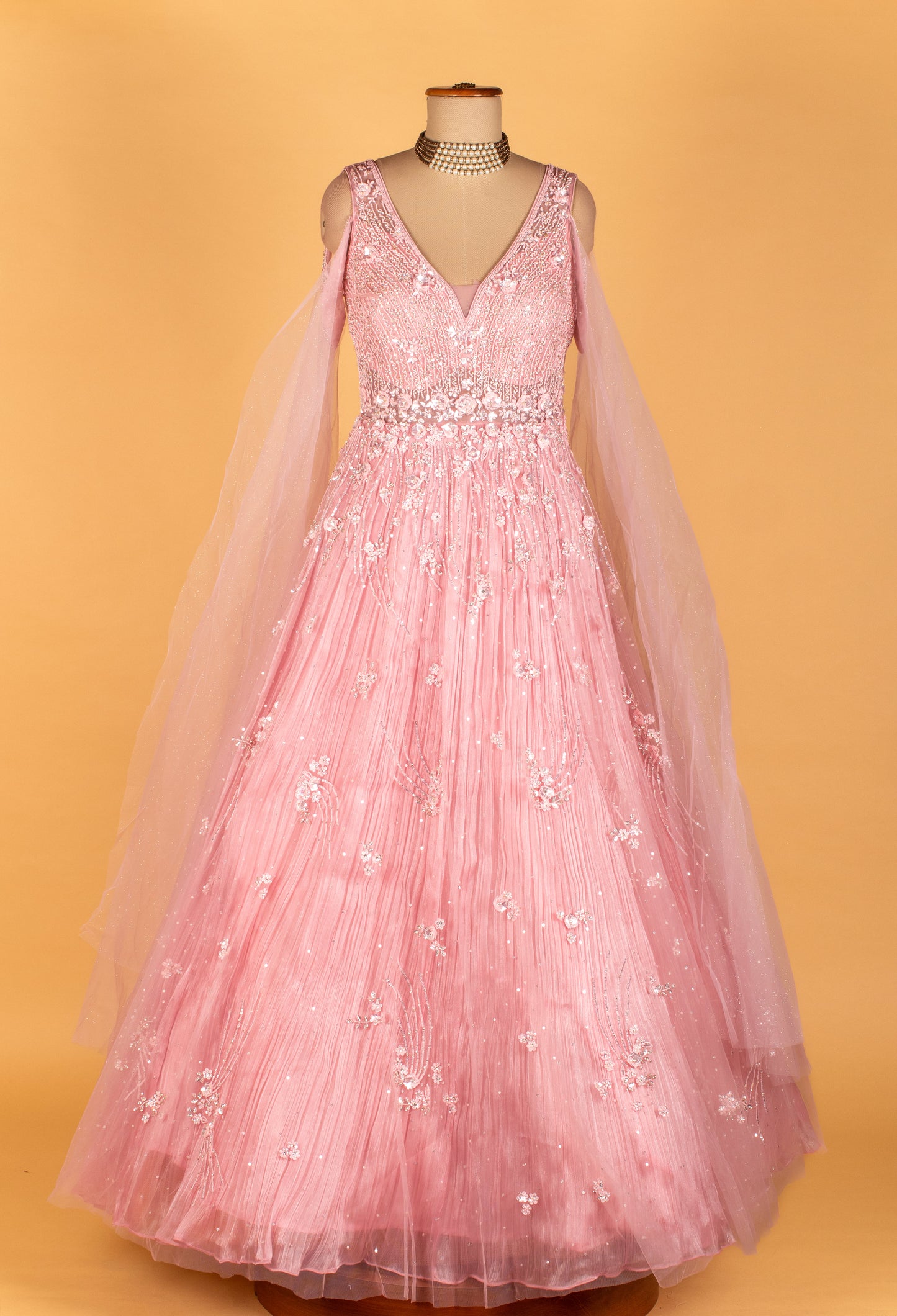 Blush Pink Floral Sequin Ball Gown with Draped Net Sleeves