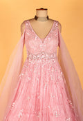 Blush Pink Floral Sequin Ball Gown with Draped Net Sleeves