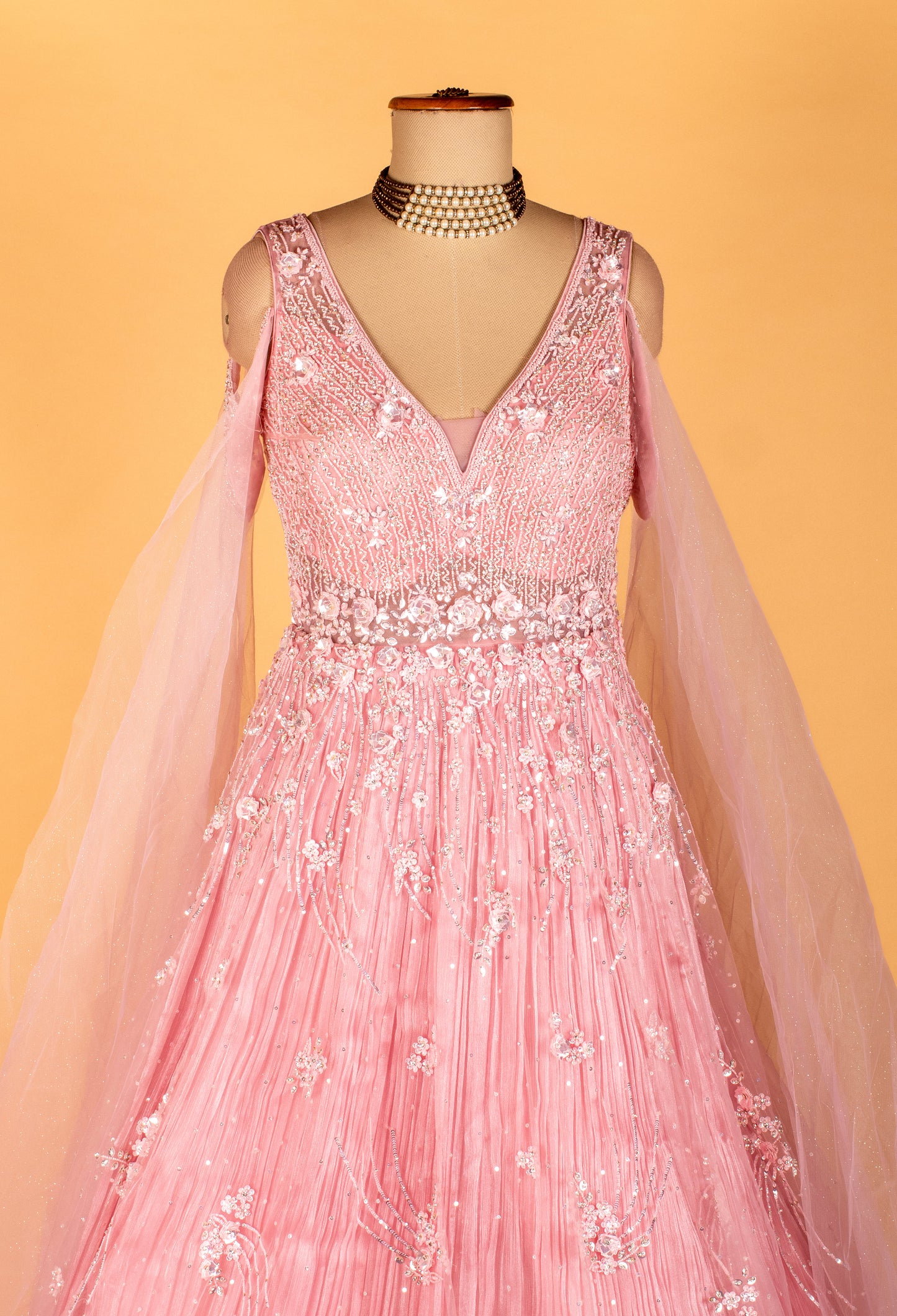 Blush Pink Floral Sequin Ball Gown with Draped Net Sleeves