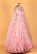 Blush Pink Floral Sequin Ball Gown with Draped Net Sleeves