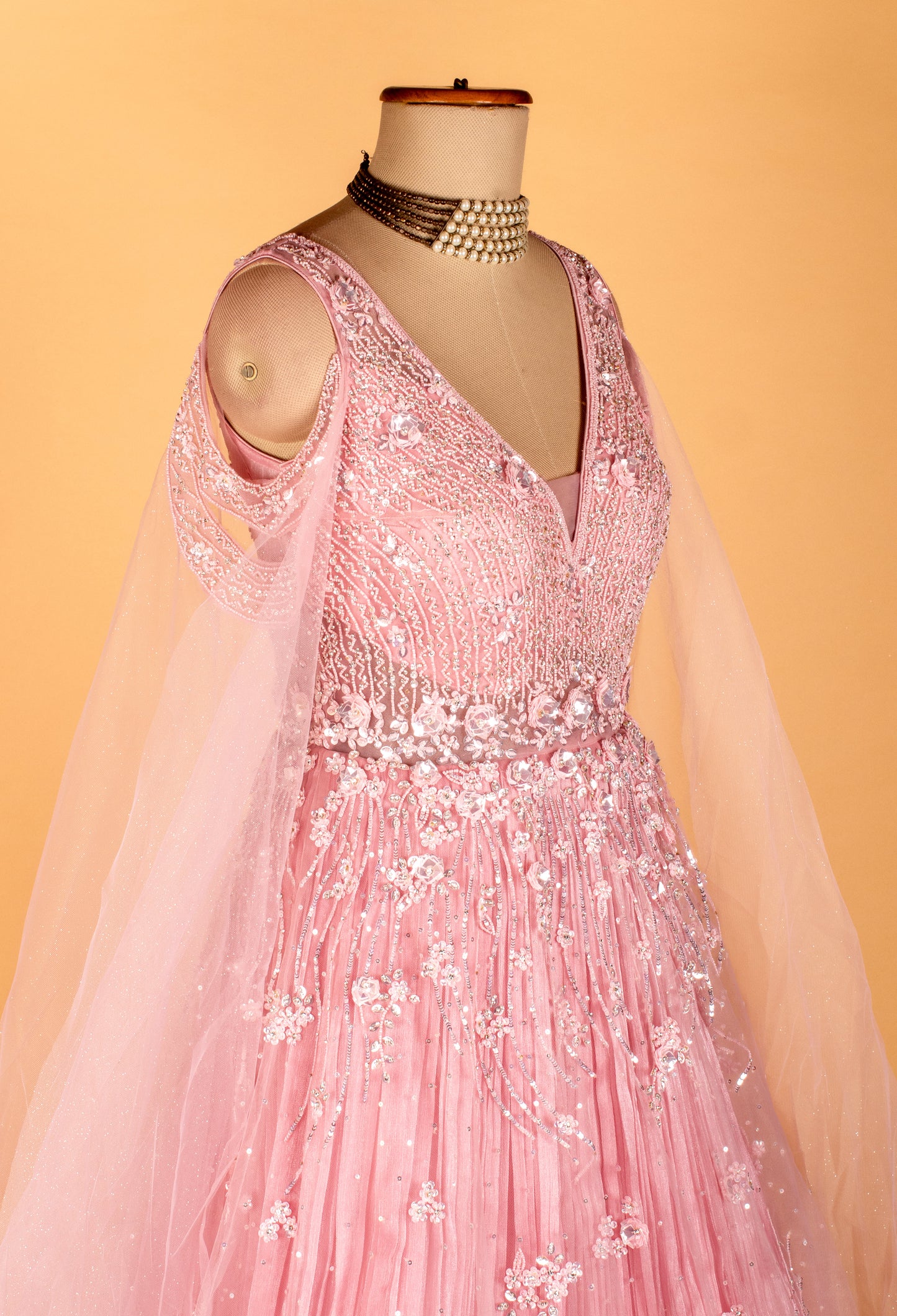 Blush Pink Floral Sequin Ball Gown with Draped Net Sleeves