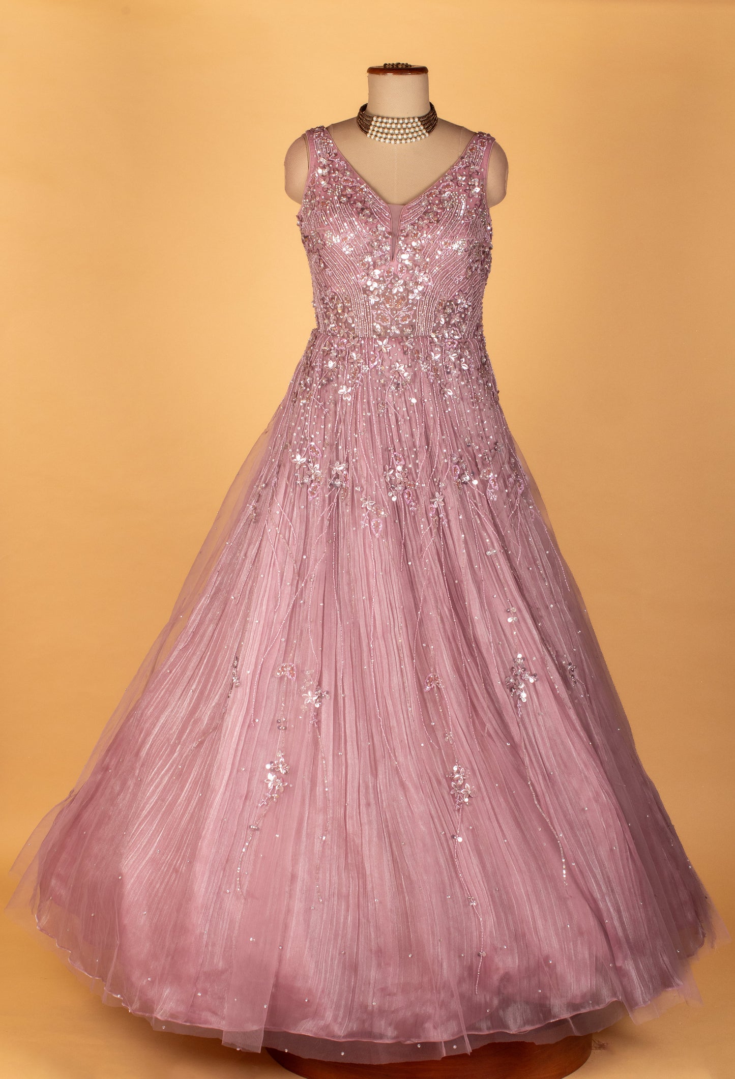 Soft Mauve Embellished Ball Gown with Flowing Pleated Skirt