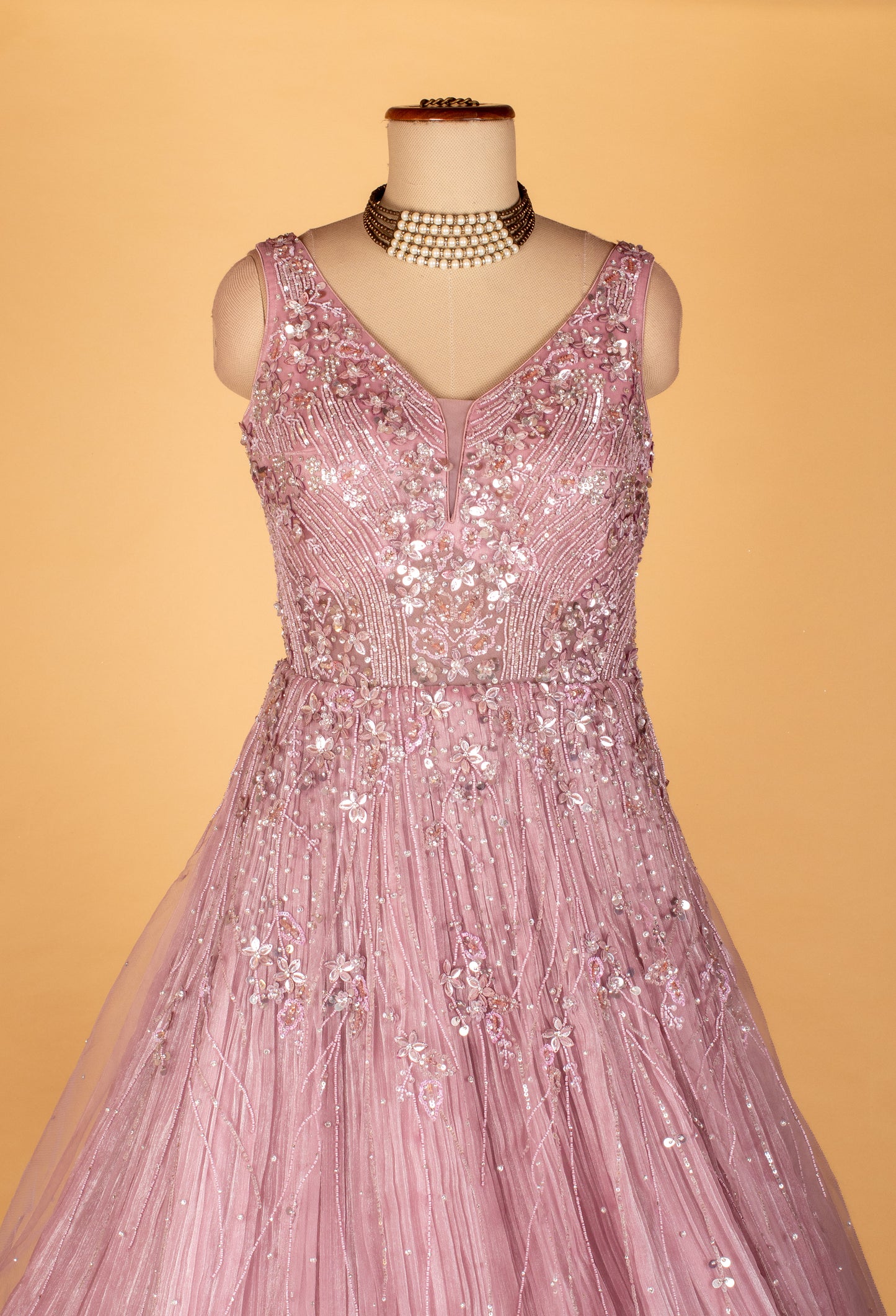 Soft Mauve Embellished Ball Gown with Flowing Pleated Skirt