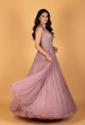 Soft Mauve Embellished Ball Gown with Flowing Pleated Skirt