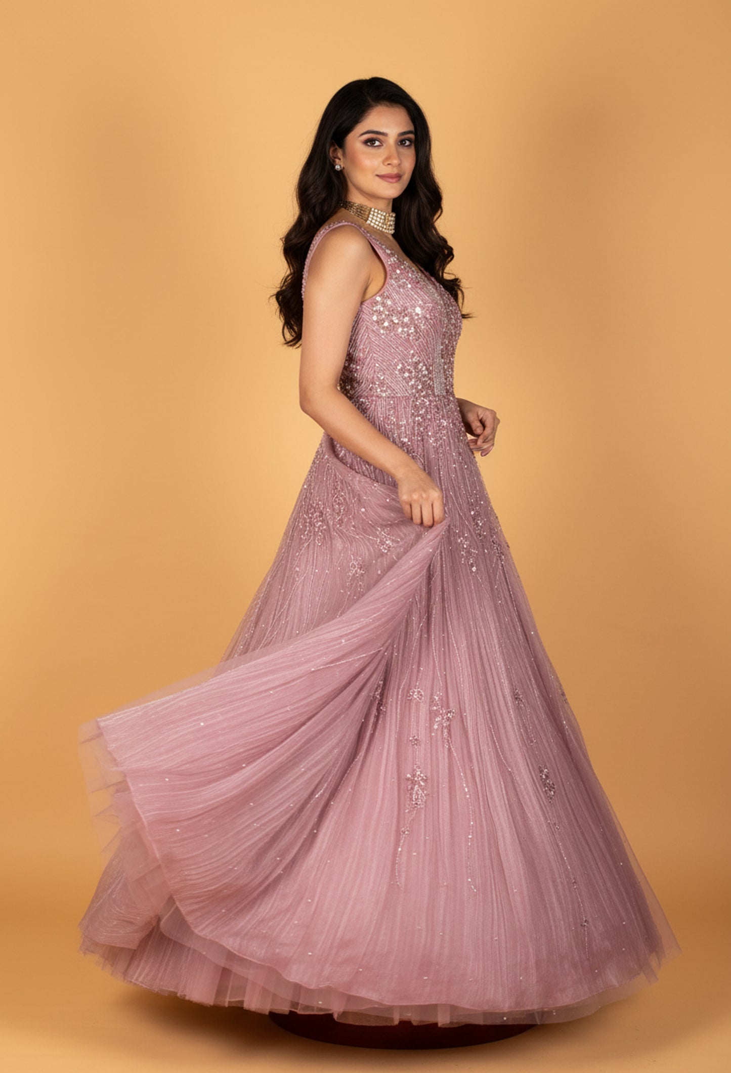 Soft Mauve Embellished Ball Gown with Flowing Pleated Skirt