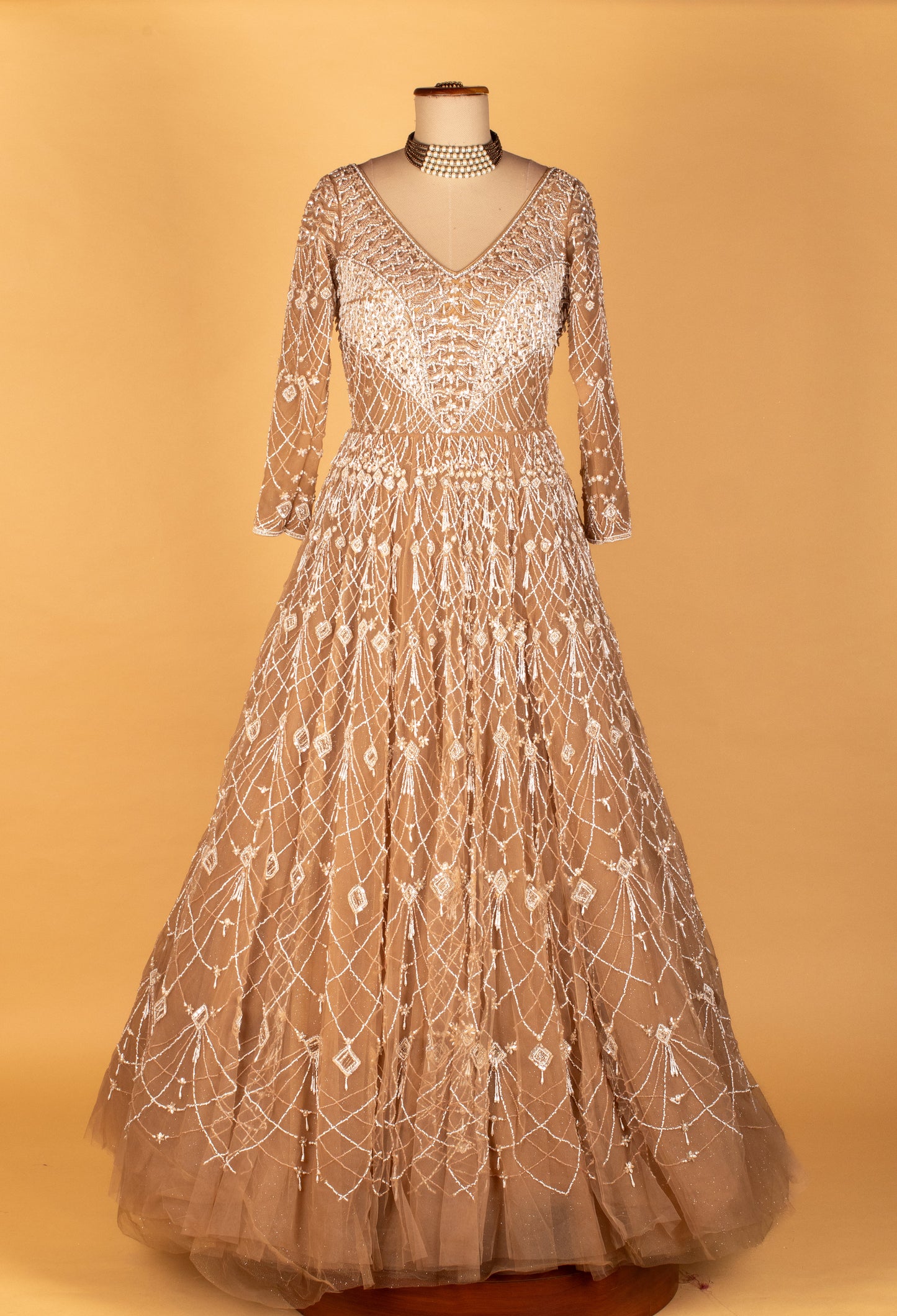 Champagne Gold Net Gown with Intricate Geometric Sequin Embellishment