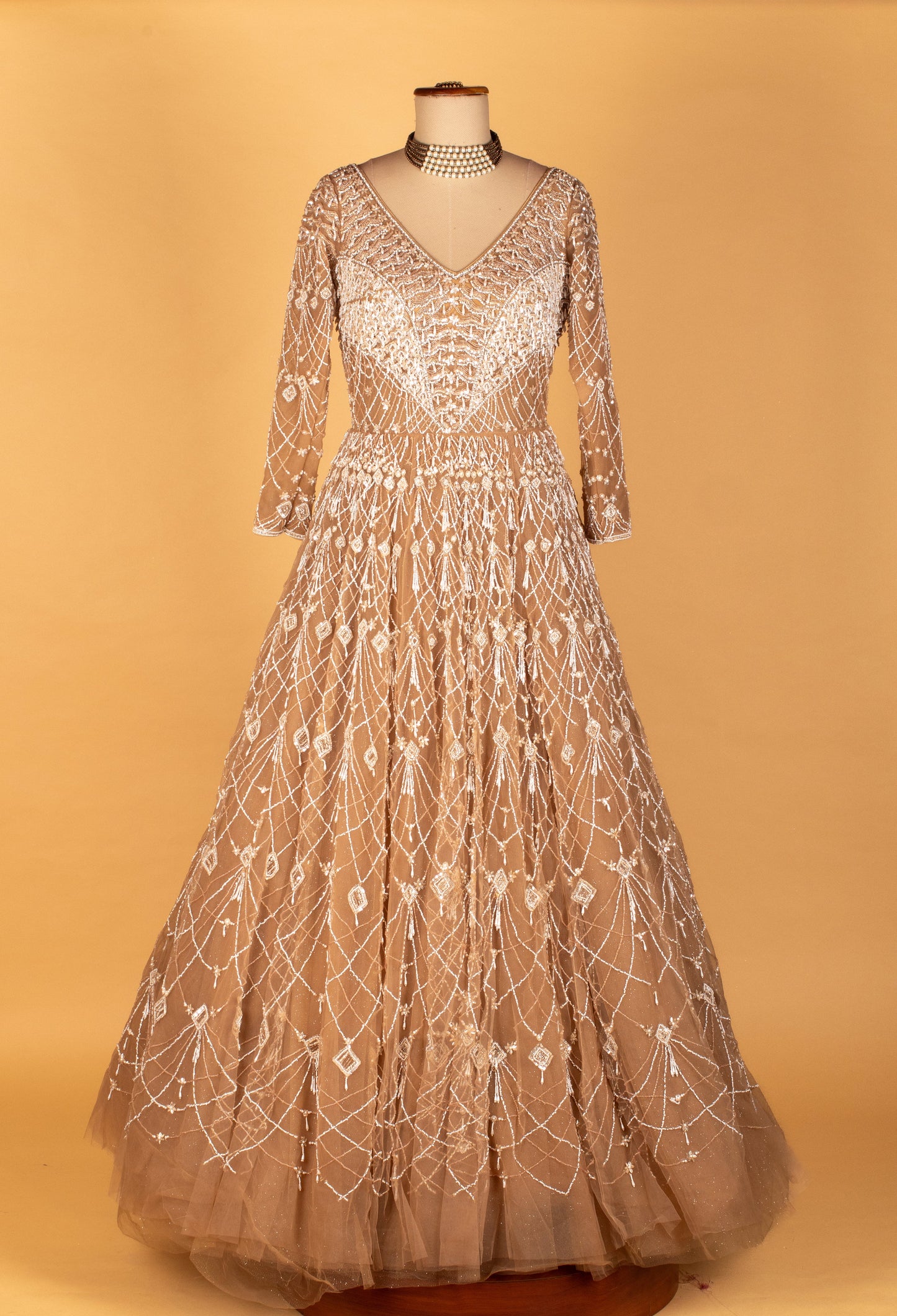Champagne Gold | Champagne gold geometric sequin net gown with sheer sleeves – product image 2 | 2