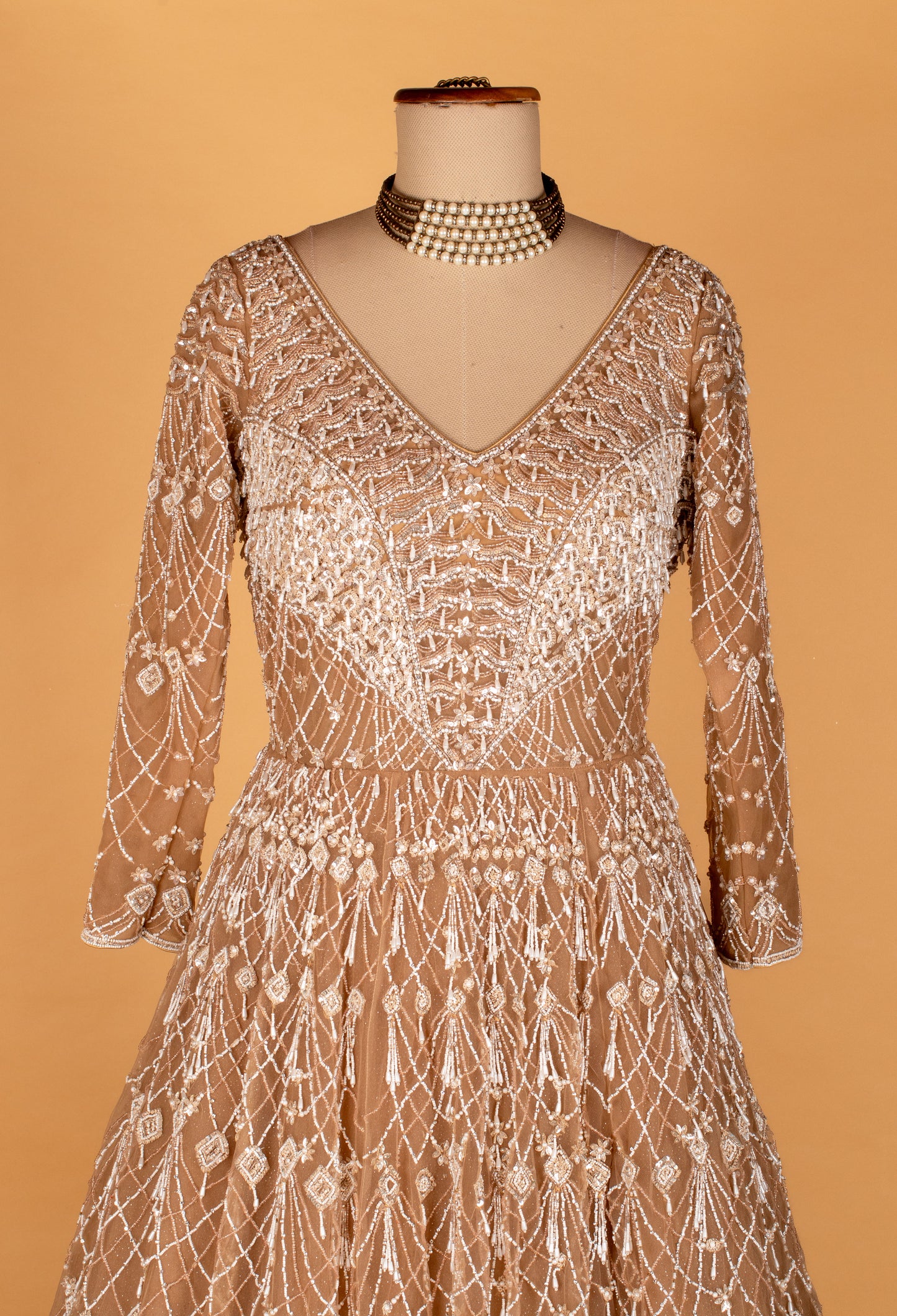 Champagne Gold Net Gown with Intricate Geometric Sequin Embellishment