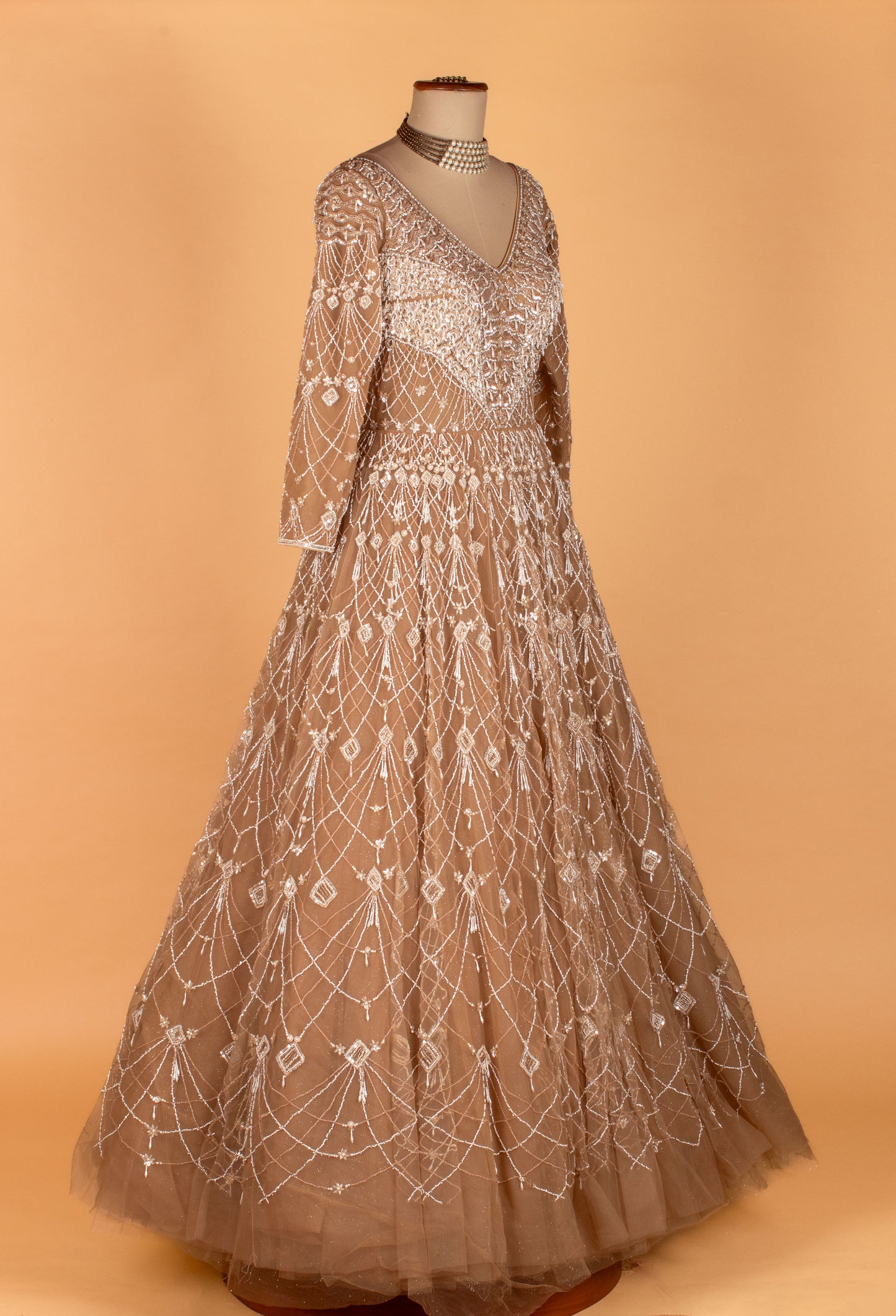 Champagne Gold Net Gown with Intricate Geometric Sequin Embellishment