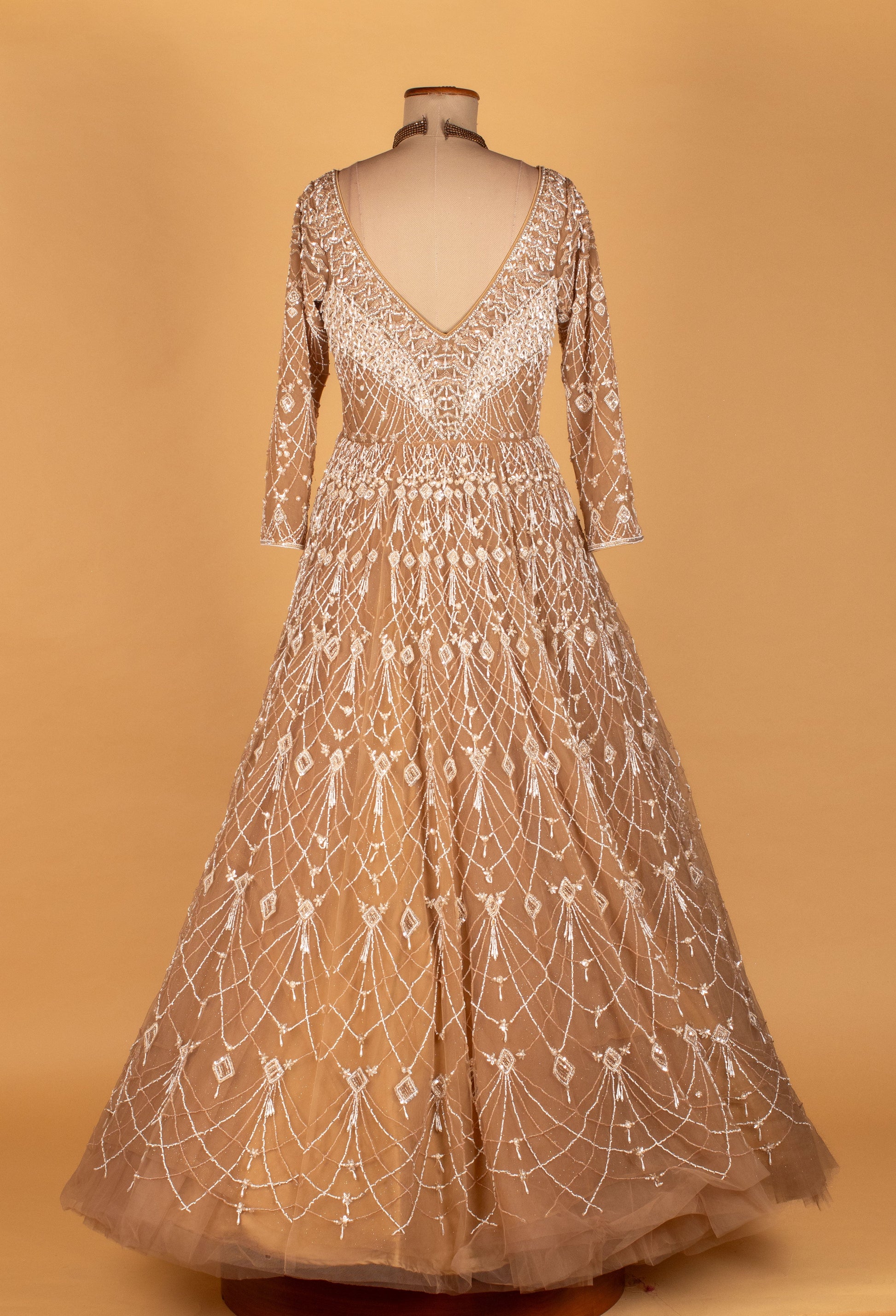 Champagne Gold | Champagne gold geometric sequin net gown with sheer sleeves – product image 5 | 5