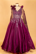 Wine Organza Ball Gown with 3D Shoulder Flowers & Silver Sequin Embroidery
