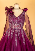 Wine Organza Ball Gown with 3D Shoulder Flowers & Silver Sequin Embroidery