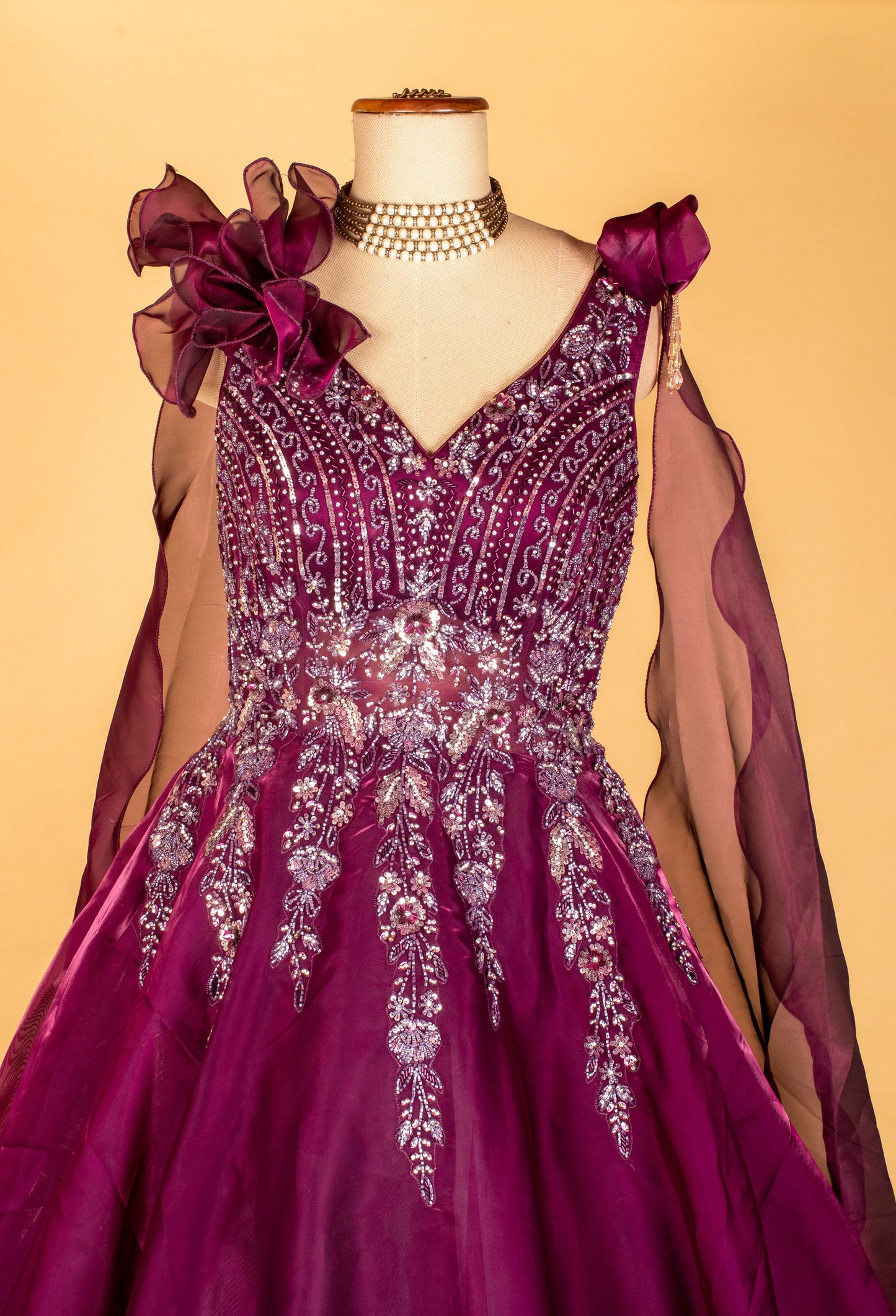 Wine Organza Ball Gown with 3D Shoulder Flowers & Silver Sequin Embroidery