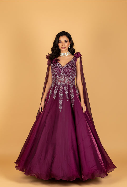 Wine Organza Ball Gown with 3D Shoulder Flowers & Silver Sequin Embroidery