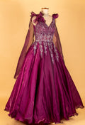 Wine Organza Ball Gown with 3D Shoulder Flowers & Silver Sequin Embroidery