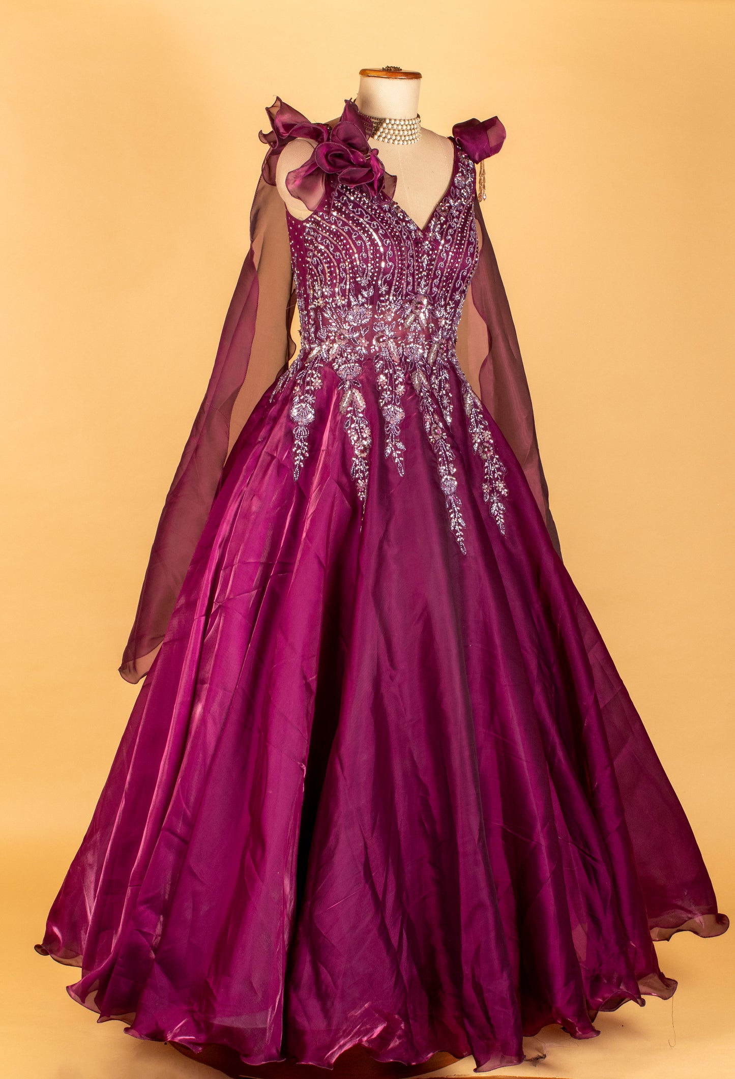Wine Organza Ball Gown with 3D Shoulder Flowers & Silver Sequin Embroidery