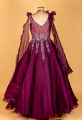 Wine Organza Ball Gown with 3D Shoulder Flowers & Silver Sequin Embroidery