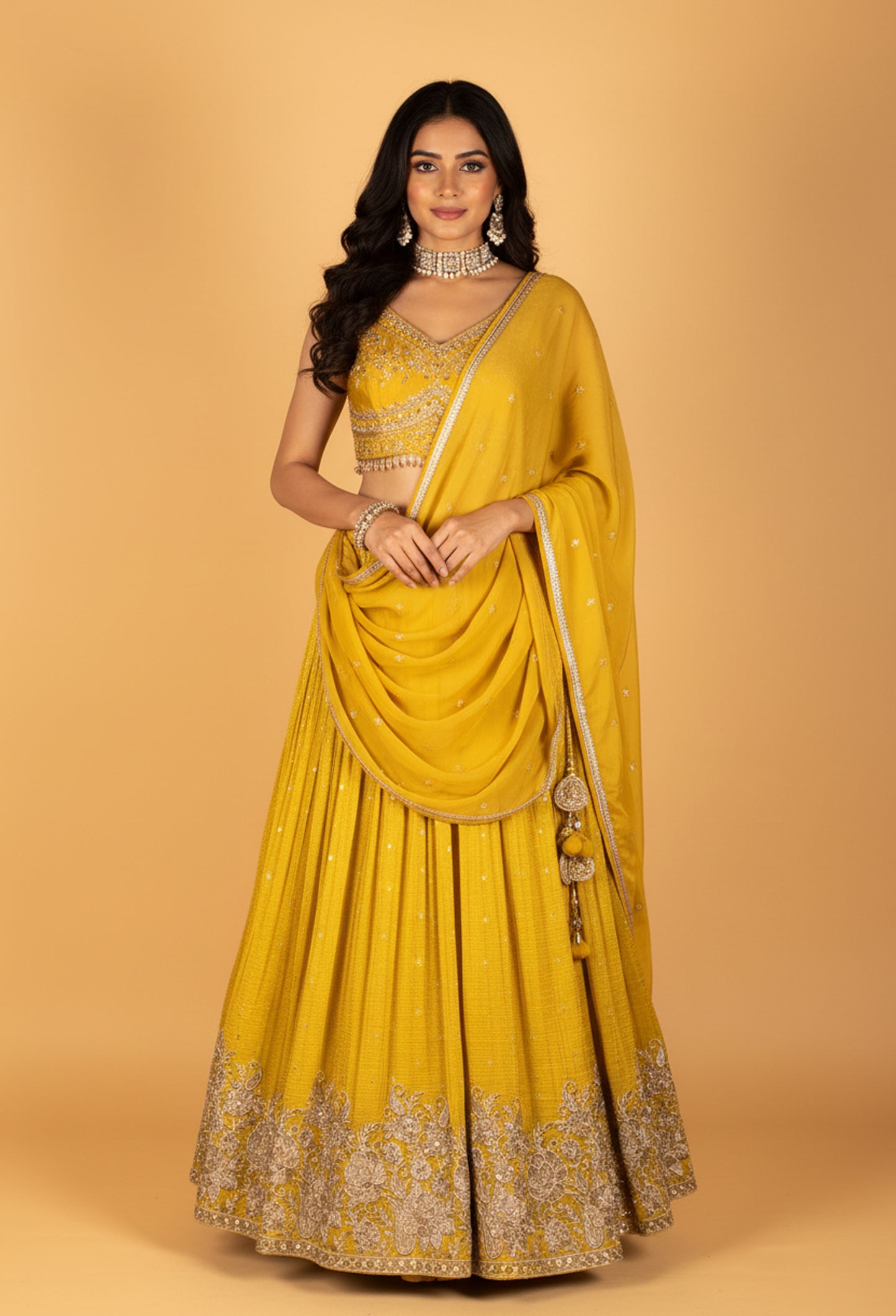 Sunshine Yellow Sequin & Thread Embroidered Crop-Top Lehenga Set