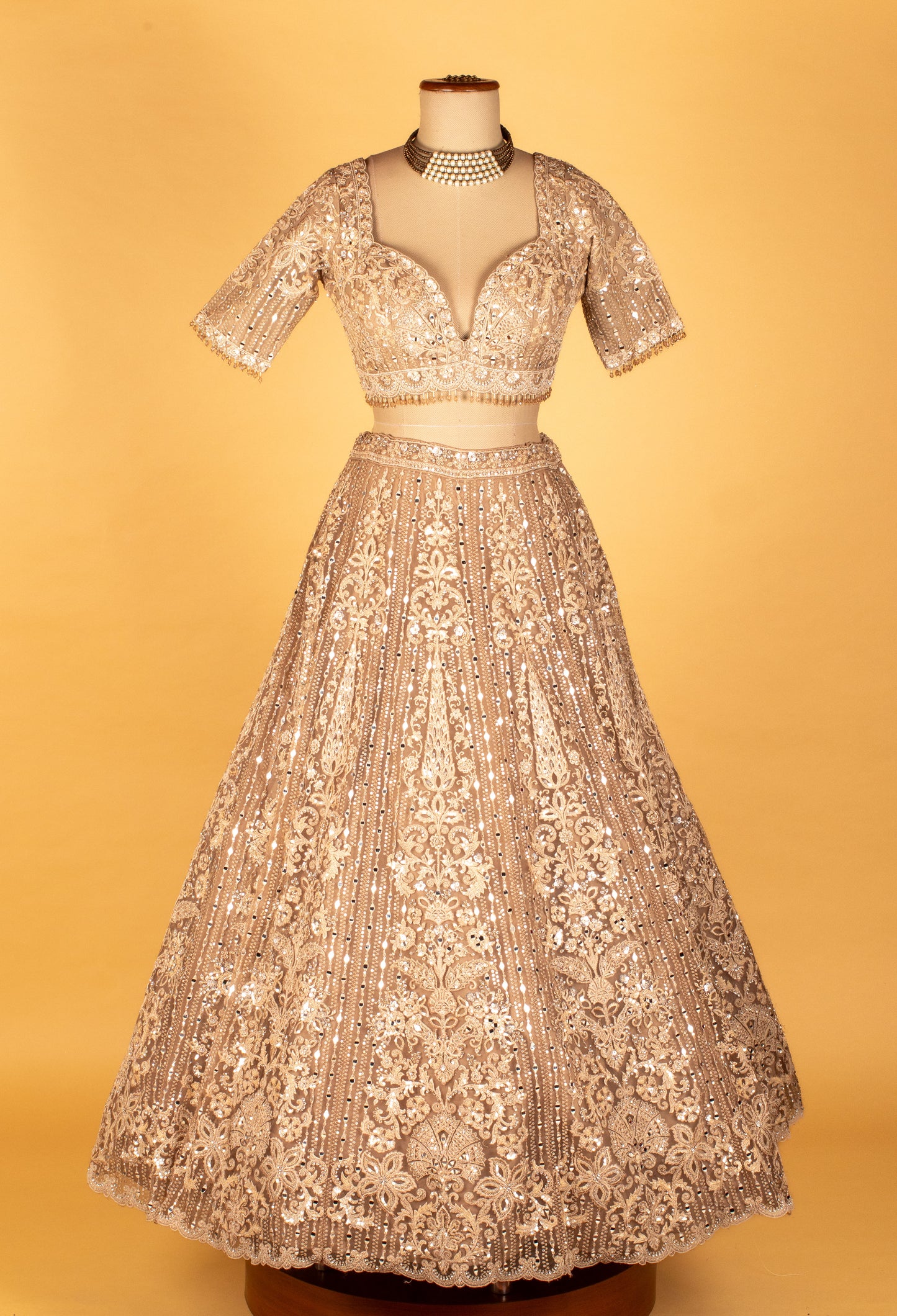 Champagne Gold Heavy Sequin & Mirror Embroidered Crop-Top Lehenga Set